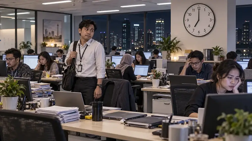 Karyawan membawa tas dan bersiap pulang sementara rekan kerjanya masih bekerja di kantor pada malam hari