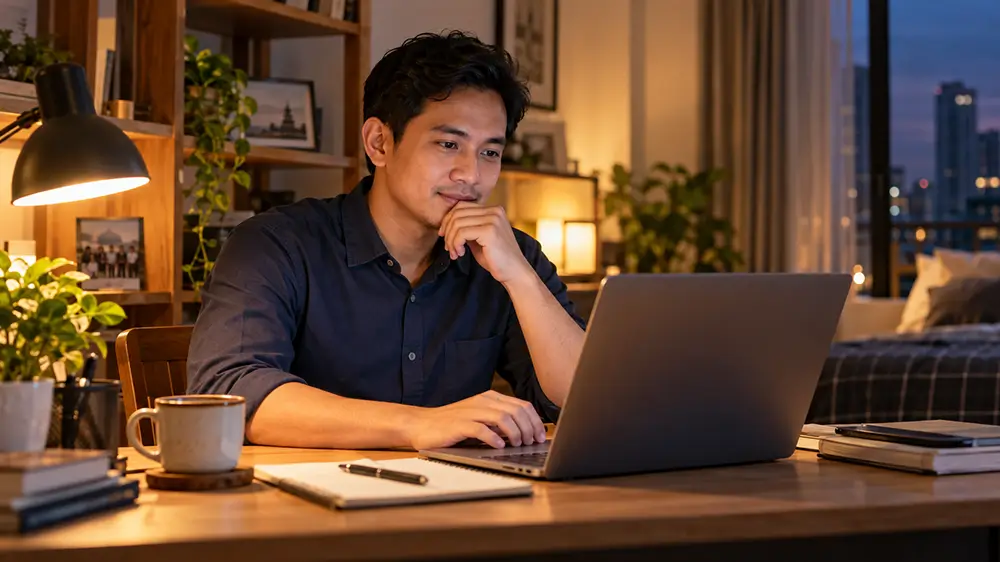 Karyawan pria duduk di depan laptop pada malam hari sambil merenungkan pilihan karier setelah lama menunggu kepastian promosi jabatan.