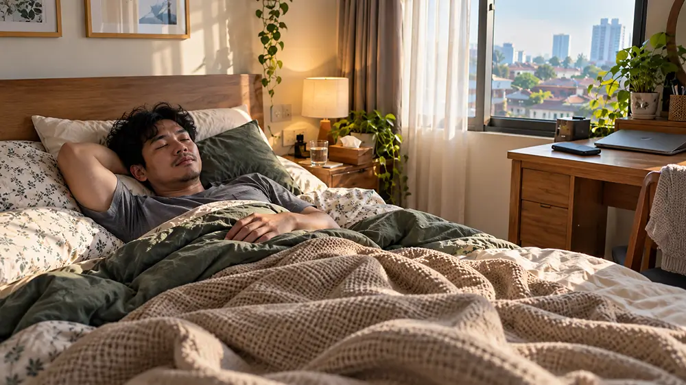 Pria berbaring dengan mata terpejam di tempat tidur untuk beristirahat, sementara laptop dalam keadaan tertutup di meja dekat jendela.