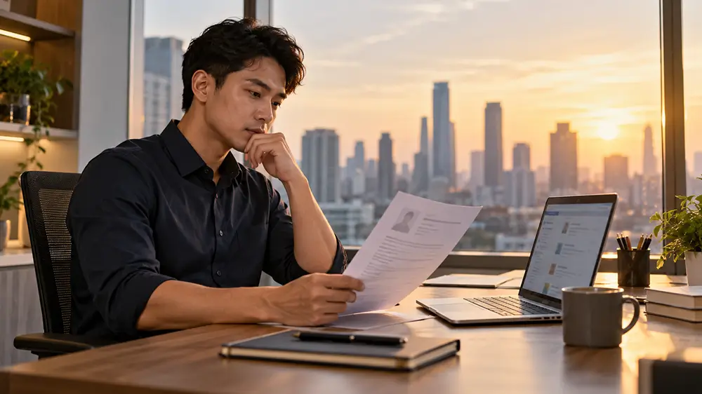 Seorang karyawan laki-laki sedang memperhatikan dokumen riwayat pekerjaan di samping laptop dengan ekspresi serius di ruang kantor.