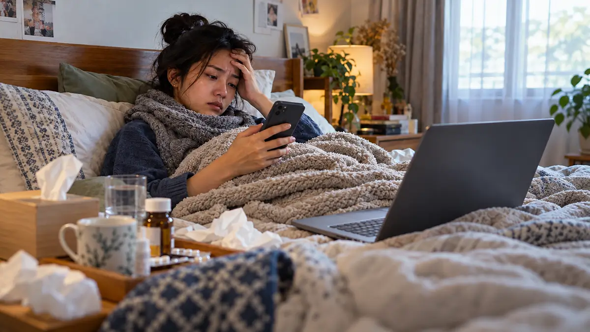 Karyawan sedang sakit beristirahat di tempat tidur dengan laptop dan ponsel di sampingnya