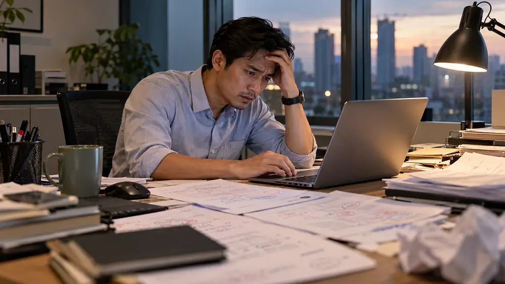 Karyawan terlihat kelelahan bekerja hingga malam di depan laptop dengan banyak dokumen berserakan di meja kantor.