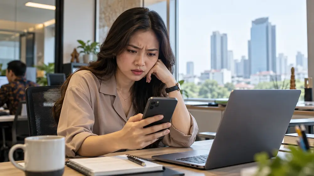 Karyawan memikirkan chat kerja yang terasa tidak enak
