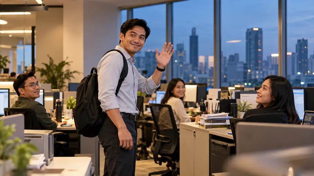 Karyawan membawa tas ransel tersenyum sambil melambaikan tangan untuk berpamitan kepada rekan kerja sebelum pulang kantor.