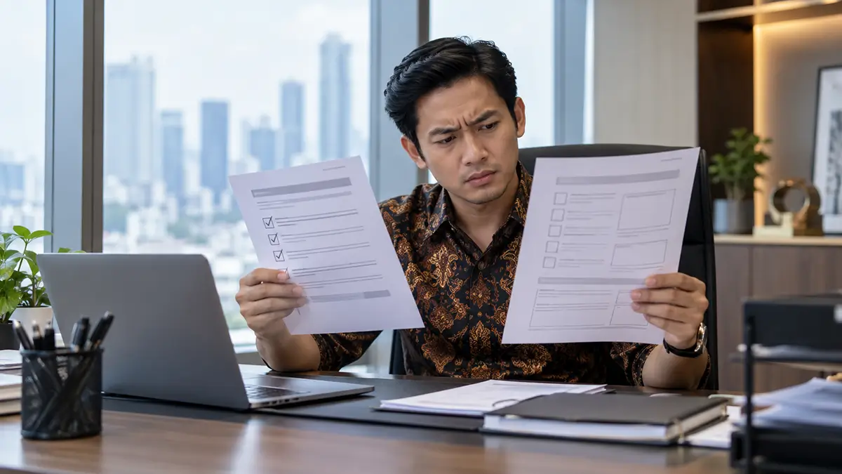 Karyawan membandingkan dua dokumen persyaratan promosi jabatan dengan ekspresi bingung setelah mengetahui adanya perubahan kriteria penilaian.
