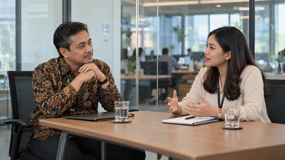 Atasan pria mendengarkan karyawati yang sedang menjelaskan sesuatu dalam percakapan di ruang rapat kantor.