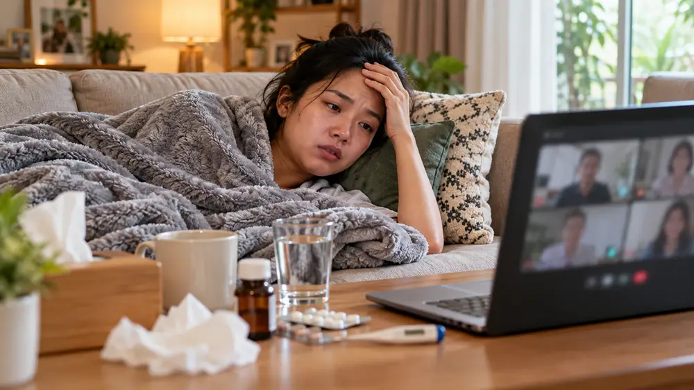 Karyawan yang sedang sakit melihat ponsel dengan laptop terbuka di samping tempat tidur
