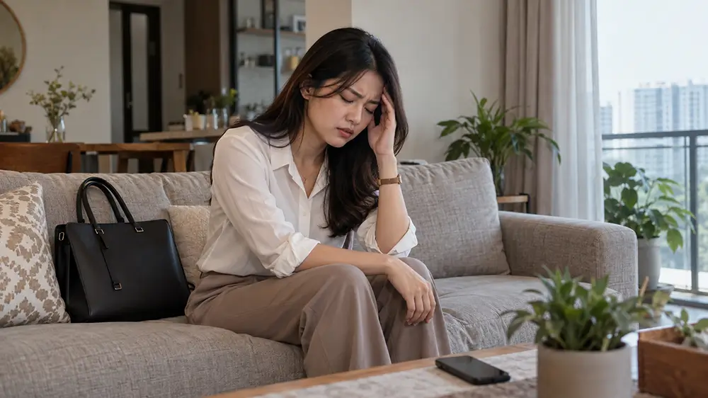 Karyawan wanita terlihat memegang kepala dengan ekspresi tidak nyaman saat duduk di sofa, dengan ponsel berada di meja.
