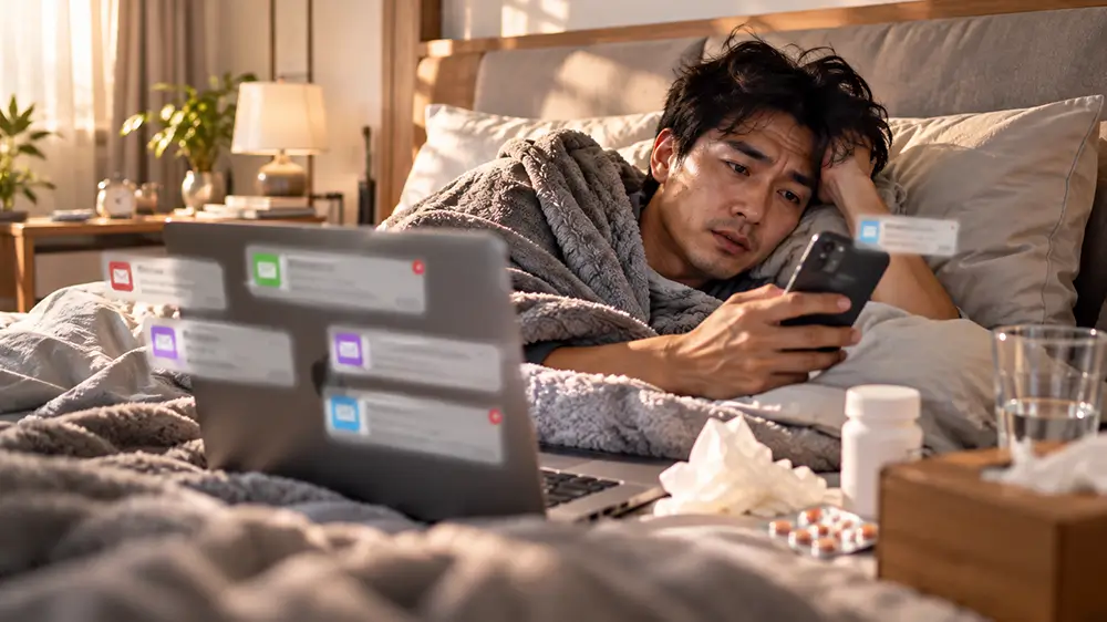 Karyawan berbaring sakit sambil terus mengecek notifikasi pekerjaan melalui ponsel dan laptop