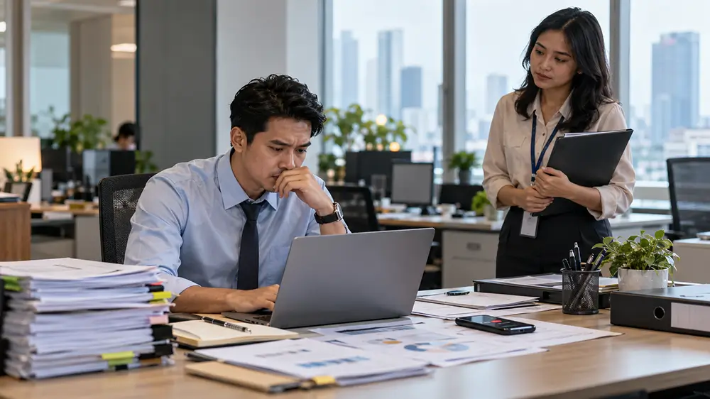 Karyawan terlihat berpikir serius di depan laptop sementara rekan kerjanya berdiri di samping meja sambil membawa folder.