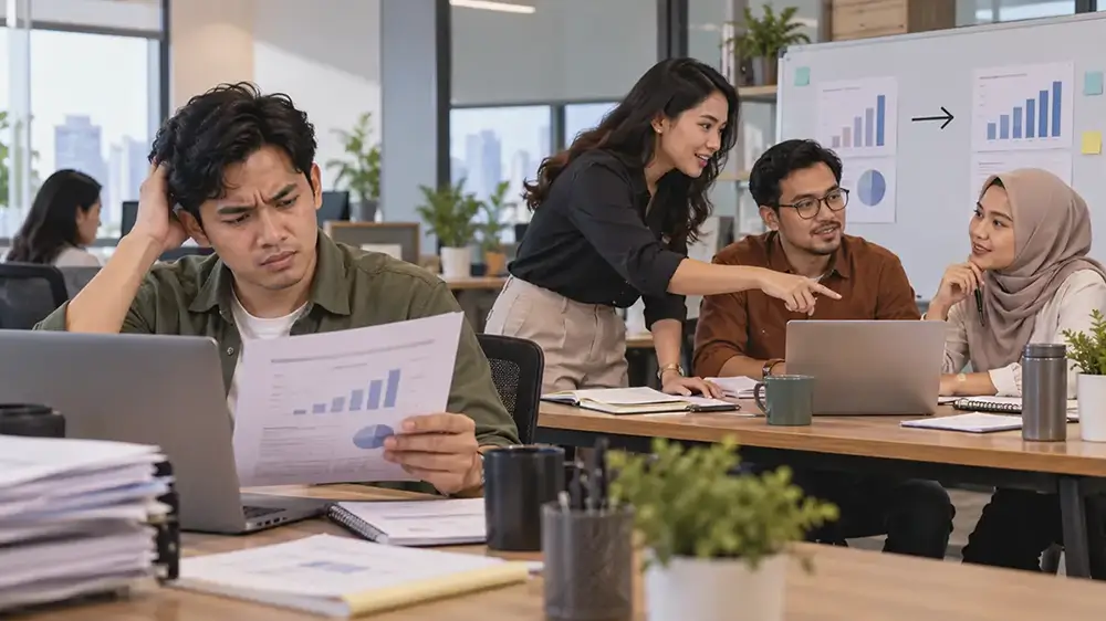 Karyawan terlihat bingung membaca laporan sementara rekan kerja berdiskusi di belakangnya