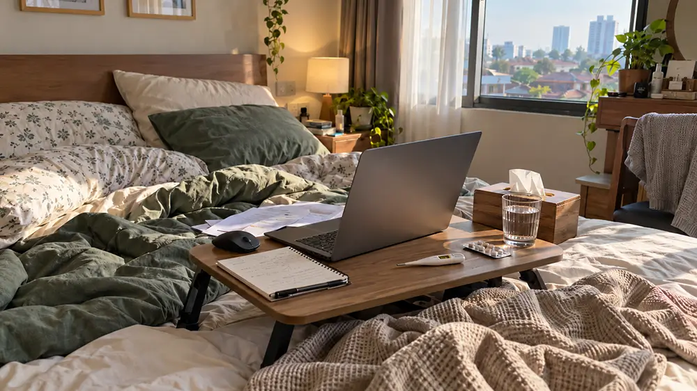 Laptop dan perlengkapan kerja berada di atas meja kecil di tempat tidur, berdampingan dengan obat, termometer, dan segelas air.