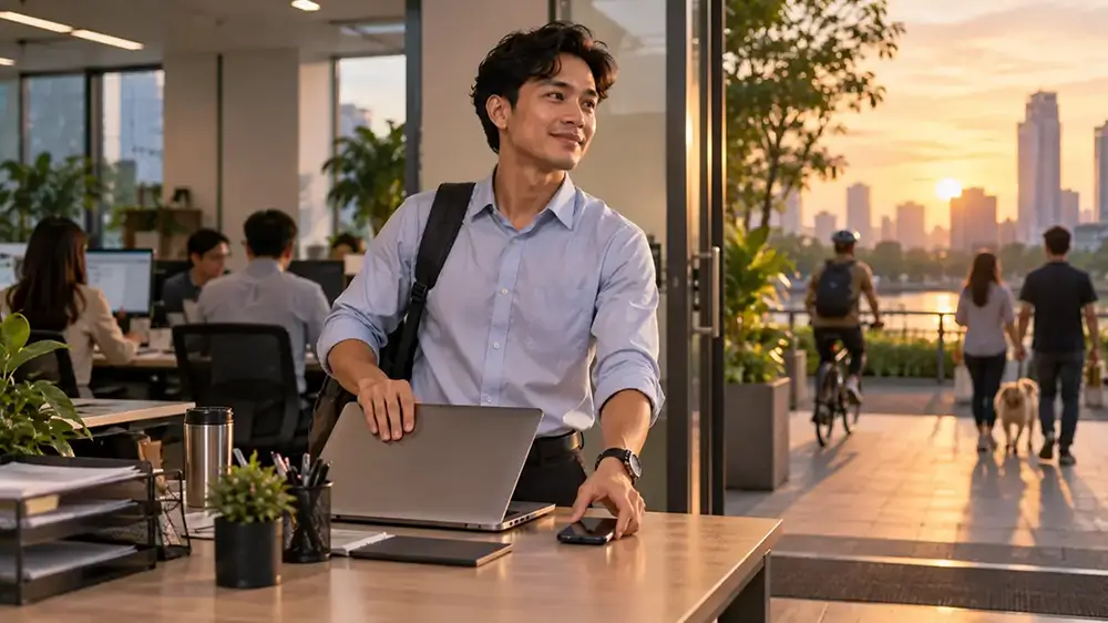 Karyawan menutup laptop dan meninggalkan kantor saat hari mulai sore