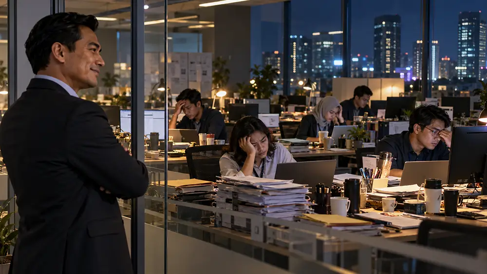 Atasan melihat para karyawan yang masih bekerja hingga malam di kantor