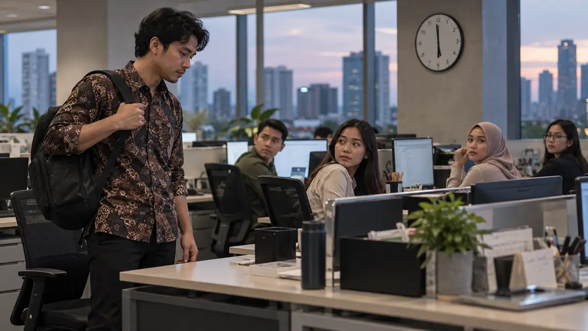 Karyawan bersiap pulang tepat waktu sementara rekan kerja masih berada di kantor dan memperhatikannya.