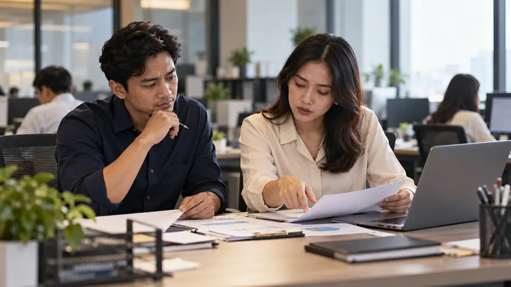 Dua rekan kerja berdiskusi sambil memeriksa dokumen pekerjaan bersama di meja kantor.