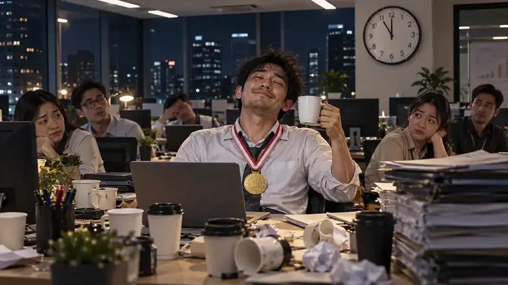 Karyawan memakai medali sambil memegang cangkir kopi di tengah meja kerja yang penuh dokumen pada malam hari