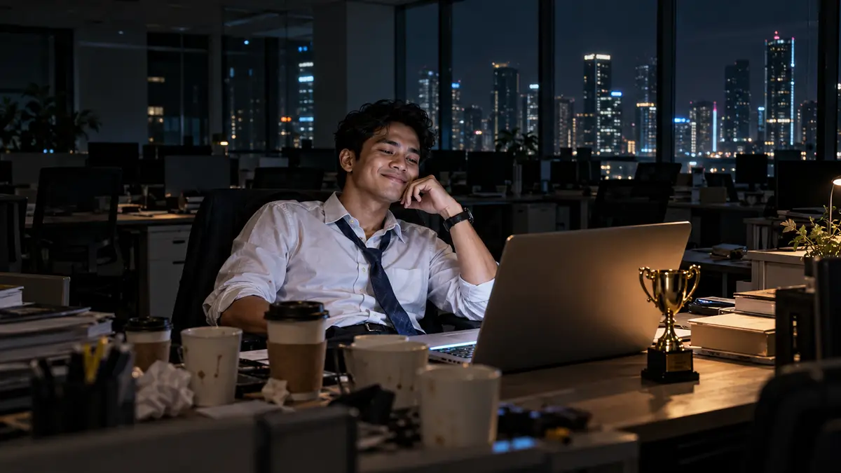 Karyawan tersenyum di depan laptop saat bekerja lembur hingga malam di kantor