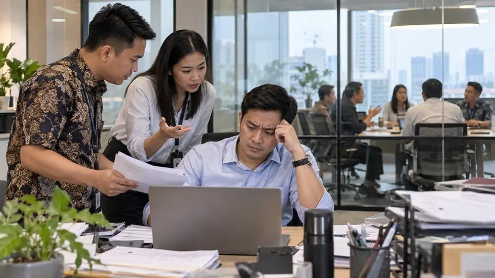 Karyawan terlihat kebingungan menghadapi pekerjaan di laptop sementara dua rekan kerjanya berdiskusi di tengah tumpukan dokumen kantor.