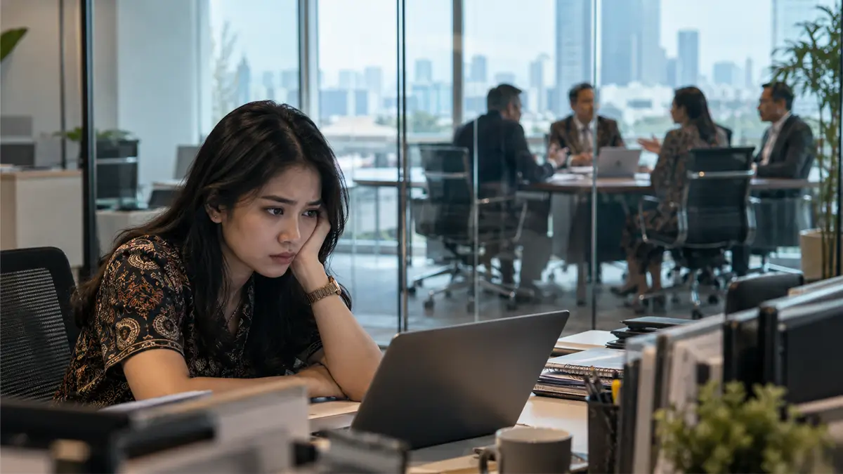 Seorang karyawan perempuan terlihat murung di depan laptop, sementara beberapa orang sedang mengadakan rapat di ruang kantor belakangnya.