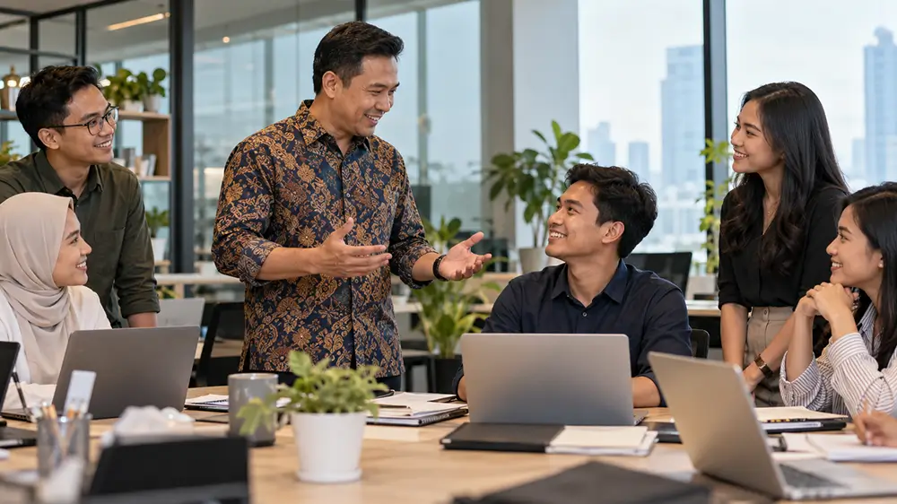 Seorang pemimpin tim sedang berbicara dengan ramah kepada lima rekan kerja yang tersenyum dalam suasana diskusi di kantor.