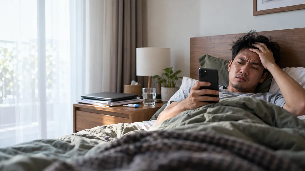 Karyawan sedang sakit berbaring di tempat tidur sambil melihat ponsel dengan ekspresi khawatir.