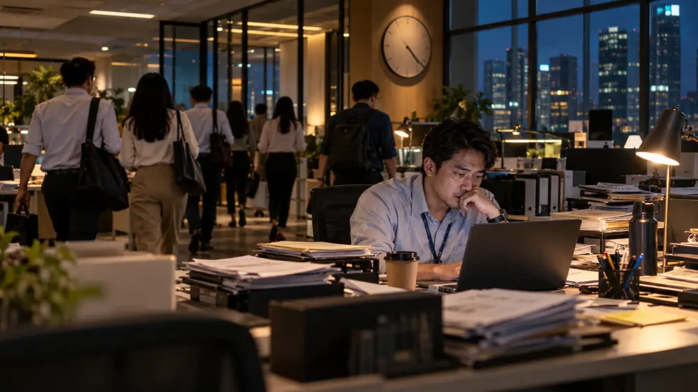Karyawan masih bekerja di depan laptop saat rekan kerja lain sudah meninggalkan kantor