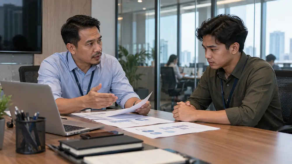 Seorang atasan sedang berbicara serius dengan karyawan laki-laki yang terlihat menunduk saat membahas dokumen di meja kantor.
