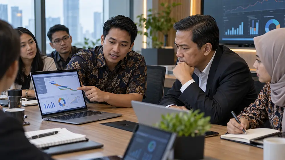 Karyawan menunjukkan data pekerjaan di laptop kepada atasan dalam rapat