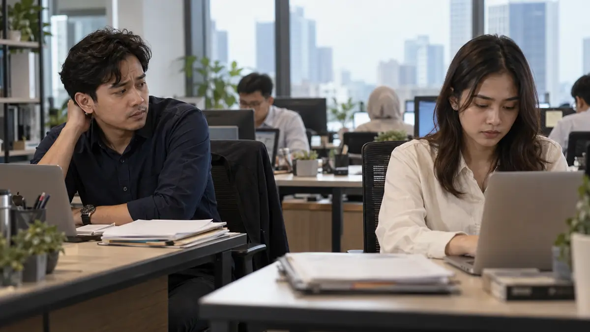 Dua rekan kerja duduk berdekatan di kantor dengan suasana canggung setelah hubungan mereka menjadi kurang akrab.
