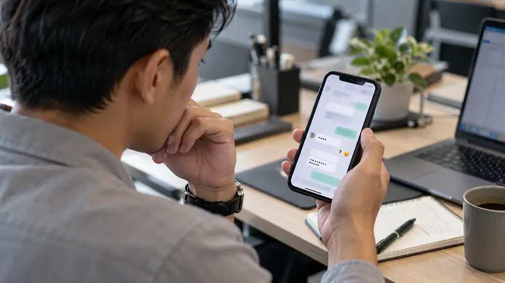 Karyawan membaca pesan kerja dengan tanda baca dan emoji di ponsel