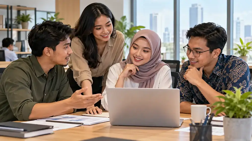 Empat rekan kerja berdiskusi bersama sambil melihat laptop di meja kantor