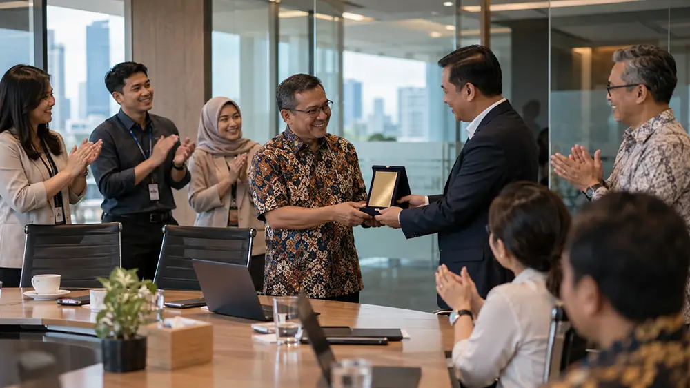 Seorang karyawan senior menerima penghargaan dari pimpinan perusahaan dengan disaksikan rekan kerja yang memberikan tepuk tangan.
