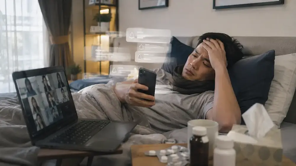 Pria sakit di tempat tidur menghadapi notifikasi kerja dan rapat online melalui laptop