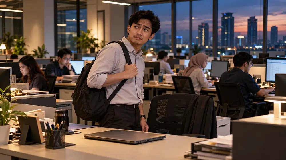 Karyawan bersiap pulang sementara rekan kerjanya masih bekerja di kantor