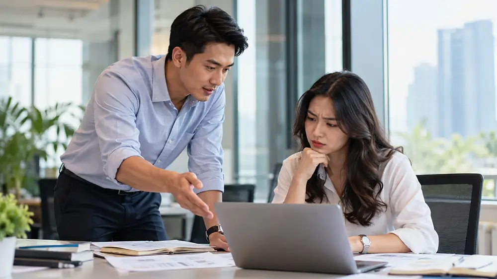 Rekan kerja terlihat bingung saat menerima penjelasan dalam diskusi pekerjaan