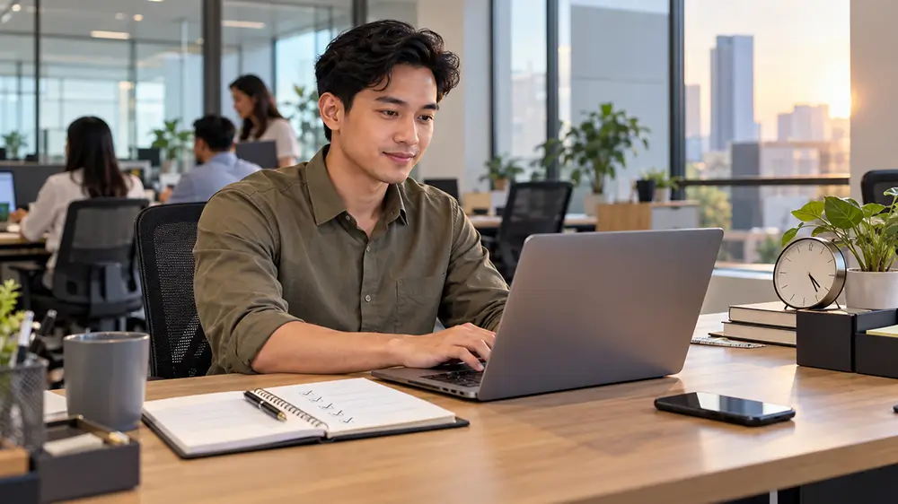Karyawan pria bekerja menggunakan laptop di meja kantor dengan buku catatan di depannya.