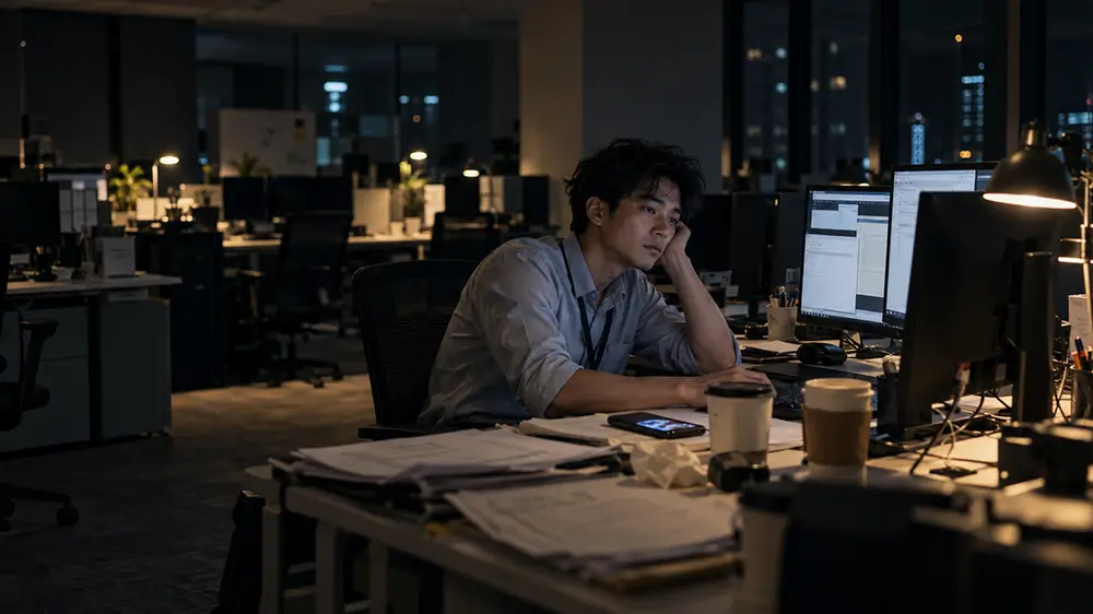 Karyawan duduk sendiri di kantor pada malam hari dengan ekspresi lelah di depan komputer.