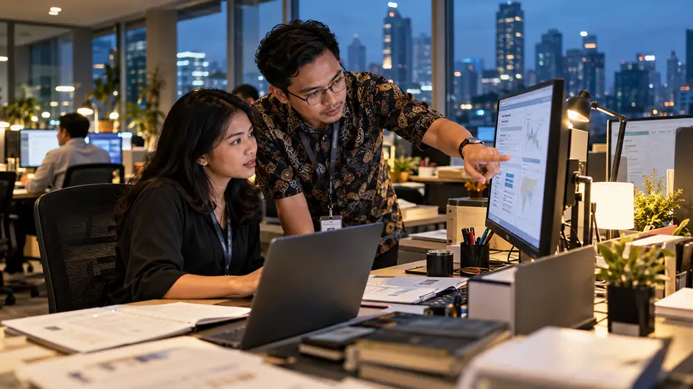 Karyawan pria membantu rekan kerja perempuan menyelesaikan pekerjaan dengan menunjukkan informasi pada monitor komputer saat malam hari.