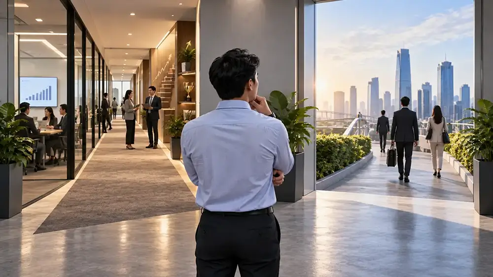 Karyawan berdiri di antara area kantor dan jalan keluar menuju lingkungan kota