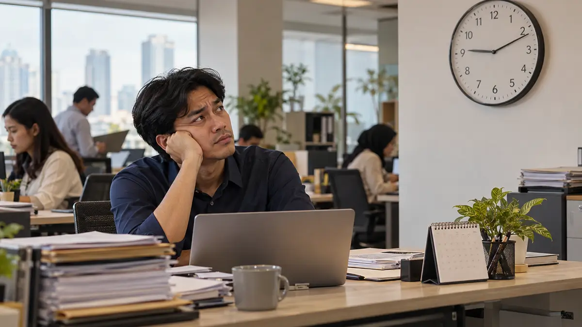Karyawan pria duduk di depan laptop sambil memandangi jam dinding kantor karena belum mendapatkan kepastian promosi jabatan.
