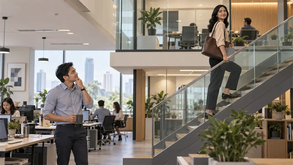 Karyawan di kantor dengan seorang perempuan menaiki tangga sementara rekan kerjanya memperhatikan