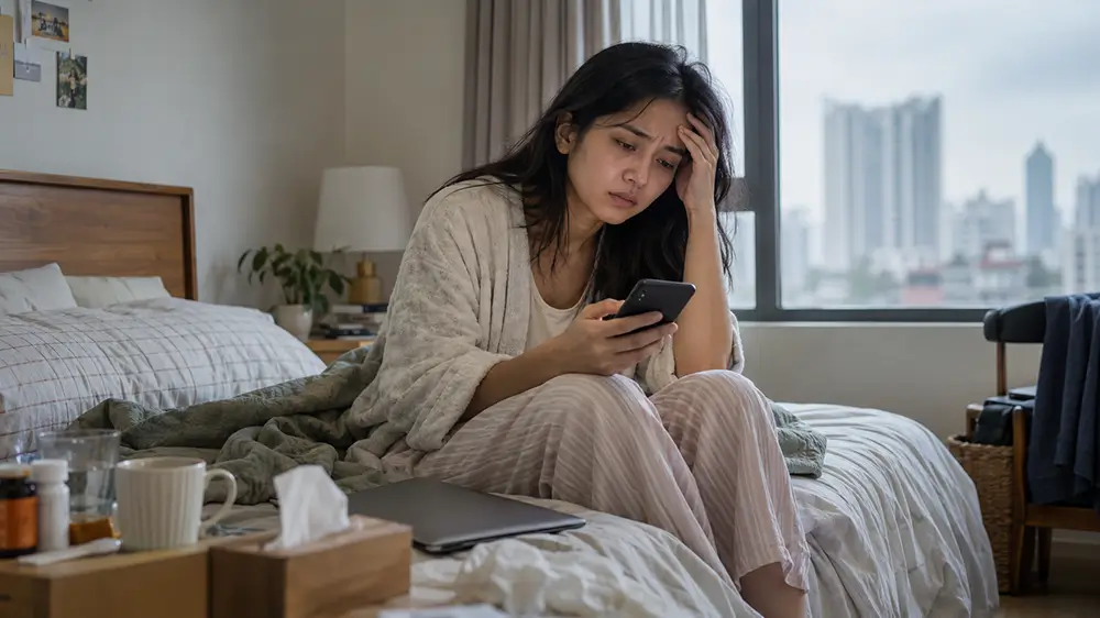 Karyawan wanita terlihat lemas dan memegang kepala sambil melihat ponsel ketika duduk di tempat tidur dekat laptop.
