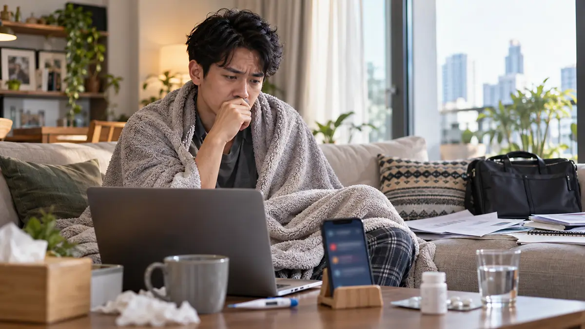 Karyawan sedang sakit di rumah tetapi masih memikirkan pekerjaan kantor di depan laptop