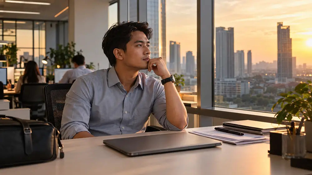 Seorang karyawan laki-laki duduk termenung di depan laptop tertutup sambil memandang keluar jendela kantor saat matahari terbenam.
