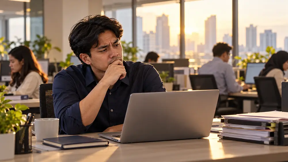 Karyawan pria terlihat berpikir serius di depan laptop kantor karena belum mengetahui perkembangan rencana promosi jabatannya.