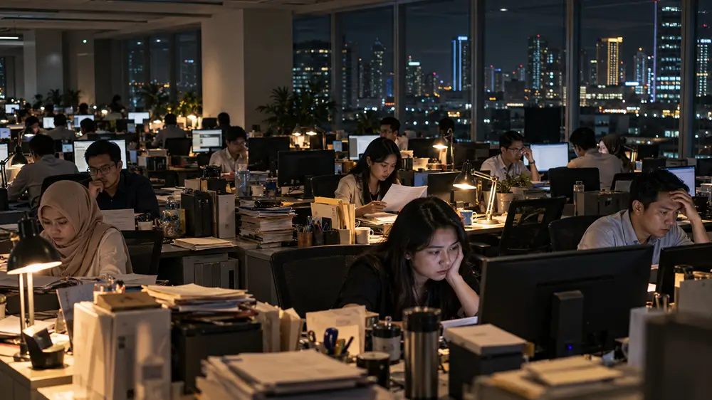 Banyak karyawan masih bekerja di kantor pada malam hari setelah jam kerja normal.