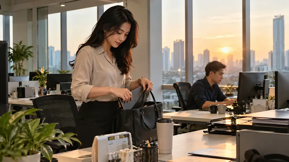 Karyawan wanita sedang merapikan tas untuk pulang dari kantor sementara rekan kerjanya masih bekerja di depan komputer.