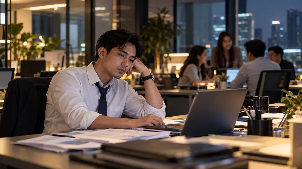 Karyawan terlihat kehilangan semangat saat bekerja di depan laptop setelah harapan kenaikan jabatan tidak terwujud.