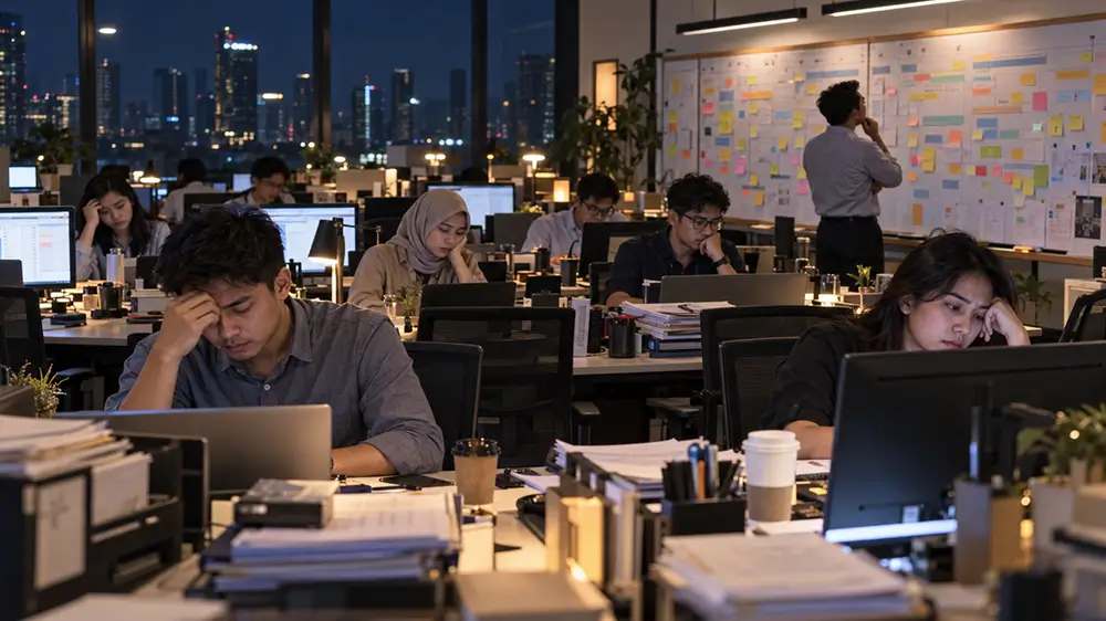 Sejumlah karyawan terlihat lelah bekerja hingga malam di kantor